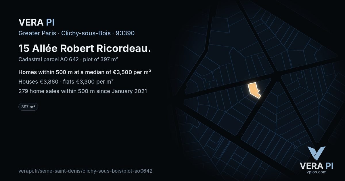 15 Allée Robert Ricordeau, Clichy-sous-Bois at night – the plot lit, the parcels around coloured by the prices near them