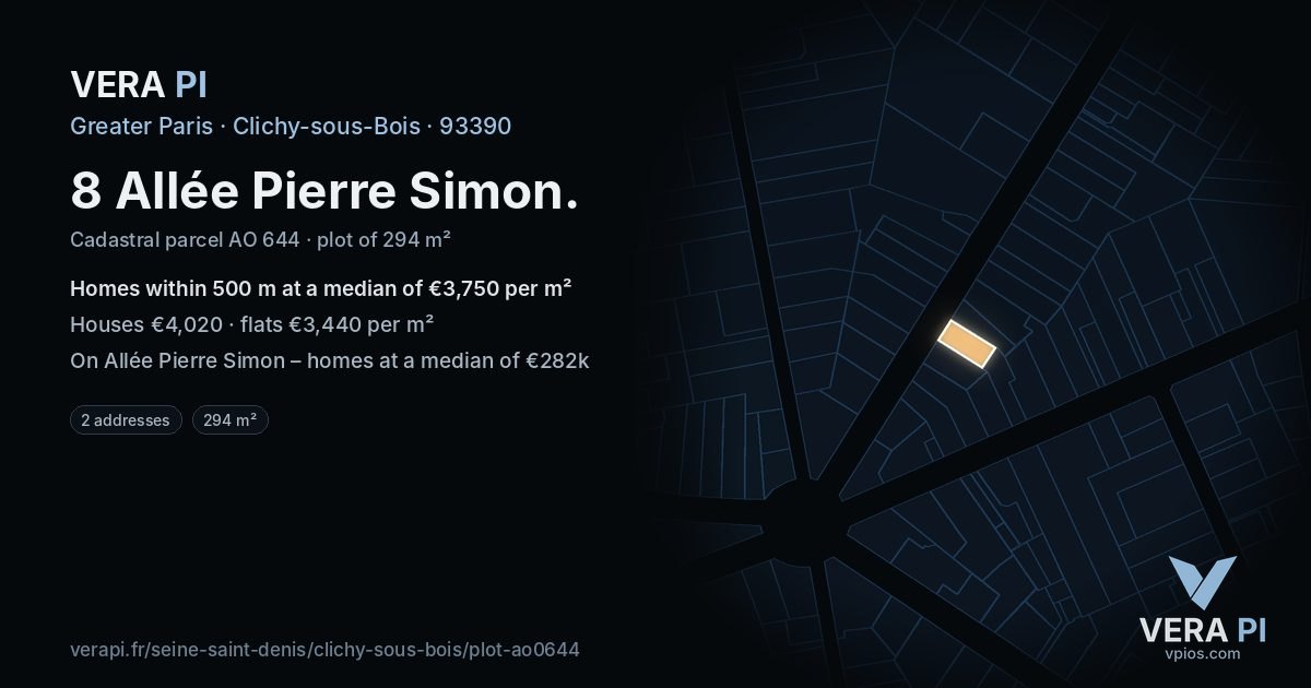 8 Allée Pierre Simon, Clichy-sous-Bois at night – the plot lit, the parcels around coloured by the prices near them