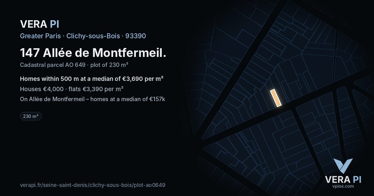 147 Allée de Montfermeil, Clichy-sous-Bois at night – the plot lit, the parcels around coloured by the prices near them