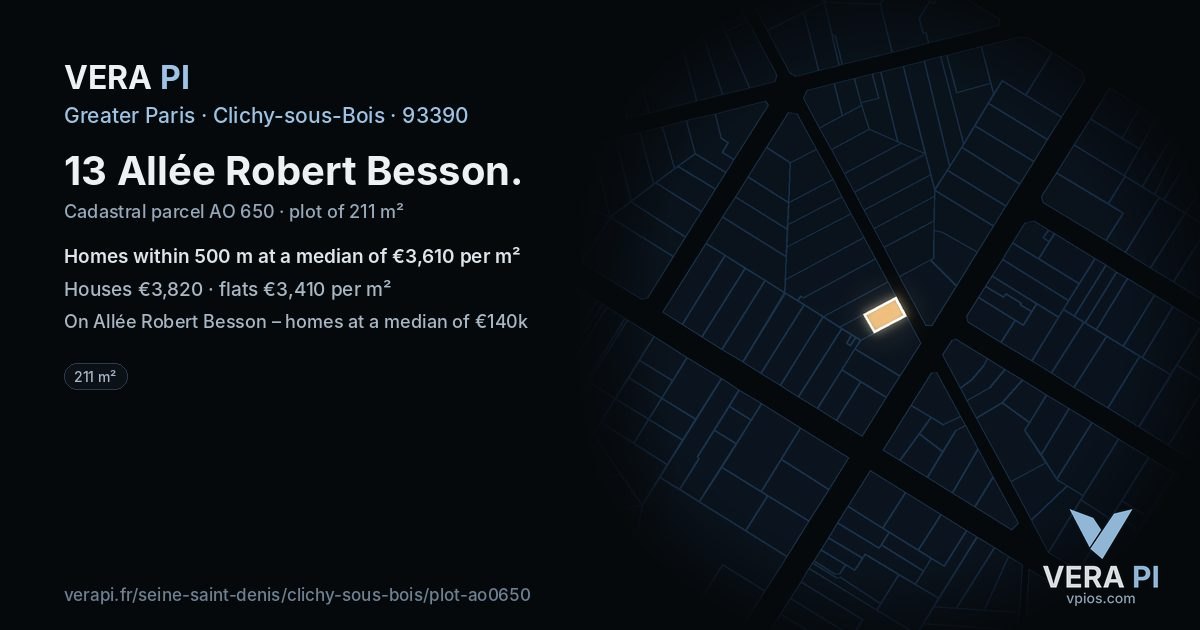 13 Allée Robert Besson, Clichy-sous-Bois at night – the plot lit, the parcels around coloured by the prices near them