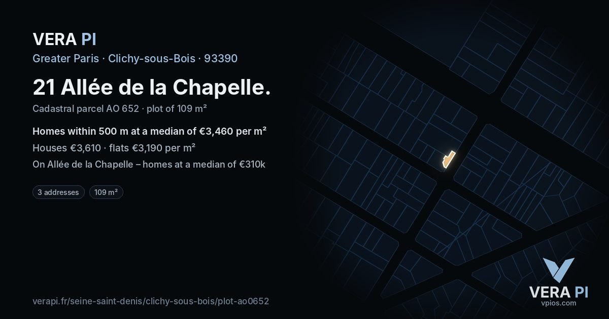 21 Allée de la Chapelle, Clichy-sous-Bois at night – the plot lit, the parcels around coloured by the prices near them