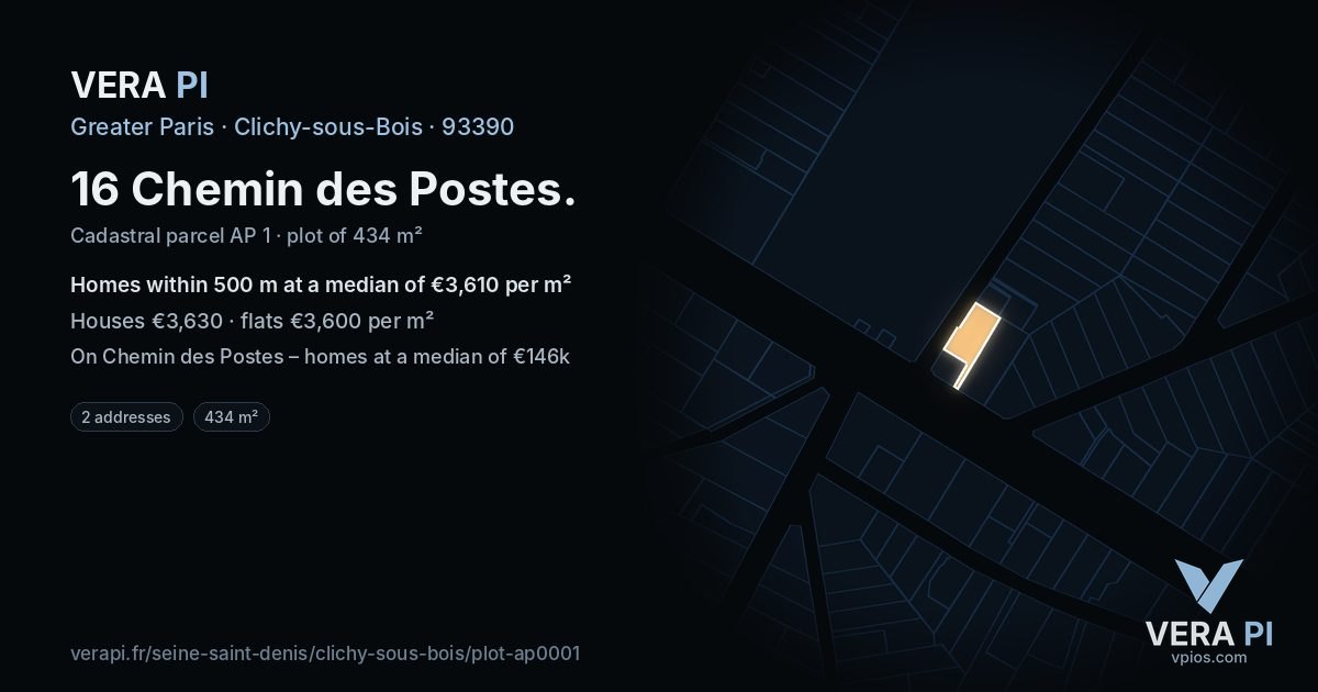 16 Chemin des Postes, Clichy-sous-Bois at night – the plot lit, the parcels around coloured by the prices near them