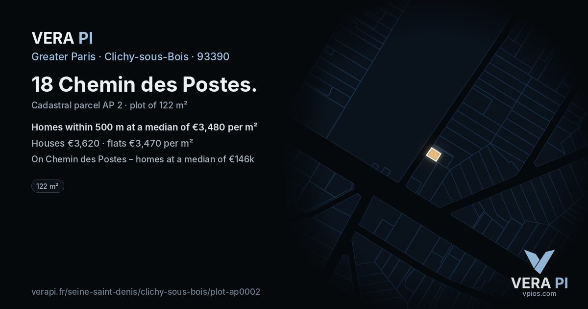 18 Chemin des Postes, Clichy-sous-Bois at night – the plot lit, the parcels around coloured by the prices near them