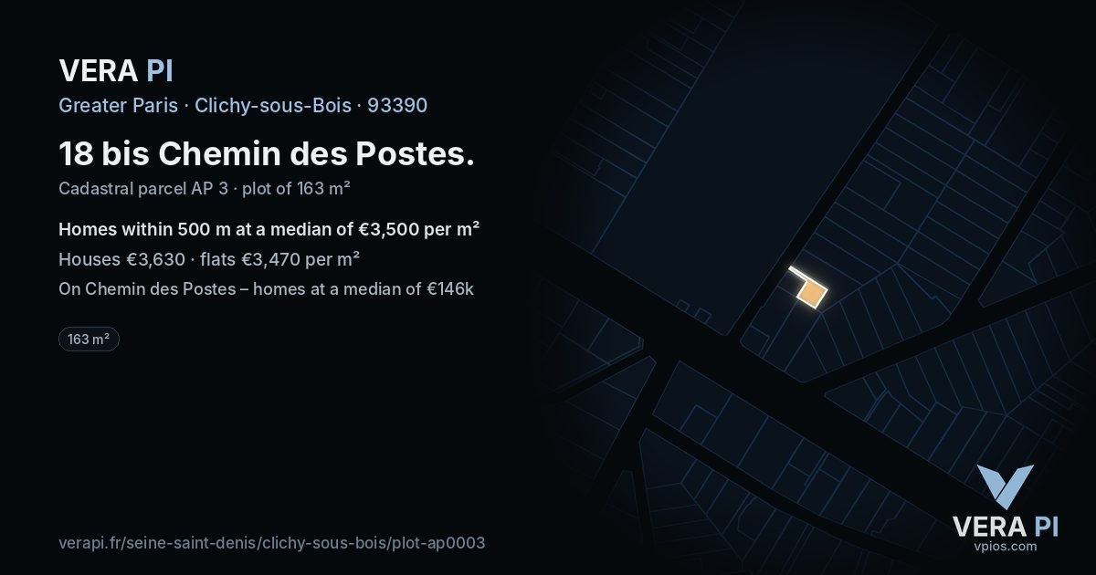 18 bis Chemin des Postes, Clichy-sous-Bois at night – the plot lit, the parcels around coloured by the prices near them