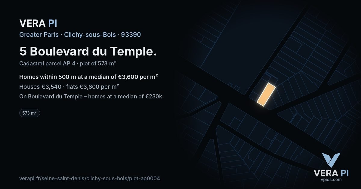 5 Boulevard du Temple, Clichy-sous-Bois at night – the plot lit, the parcels around coloured by the prices near them