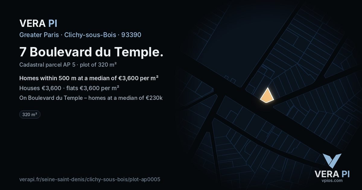 7 Boulevard du Temple, Clichy-sous-Bois at night – the plot lit, the parcels around coloured by the prices near them