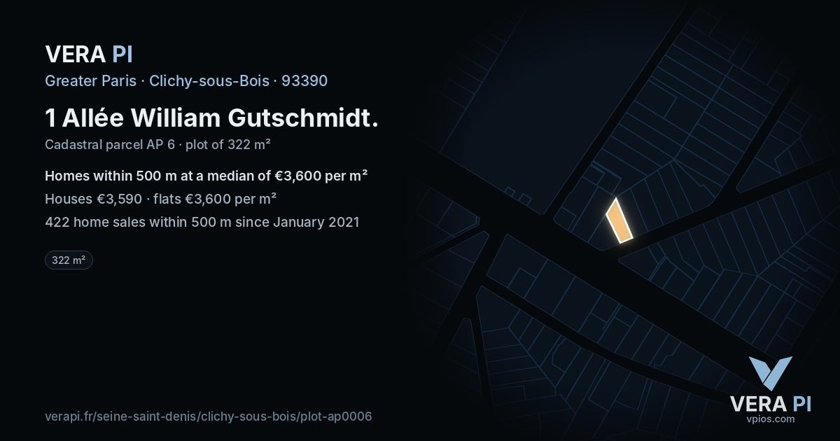 1 Allée William Gutschmidt, Clichy-sous-Bois at night – the plot lit, the parcels around coloured by the prices near them