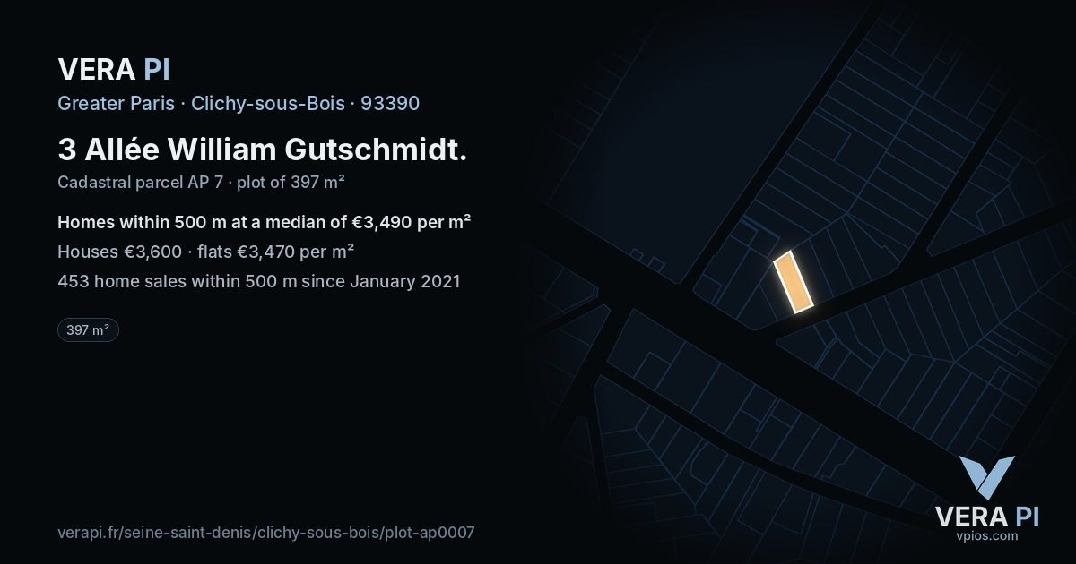 3 Allée William Gutschmidt, Clichy-sous-Bois at night – the plot lit, the parcels around coloured by the prices near them