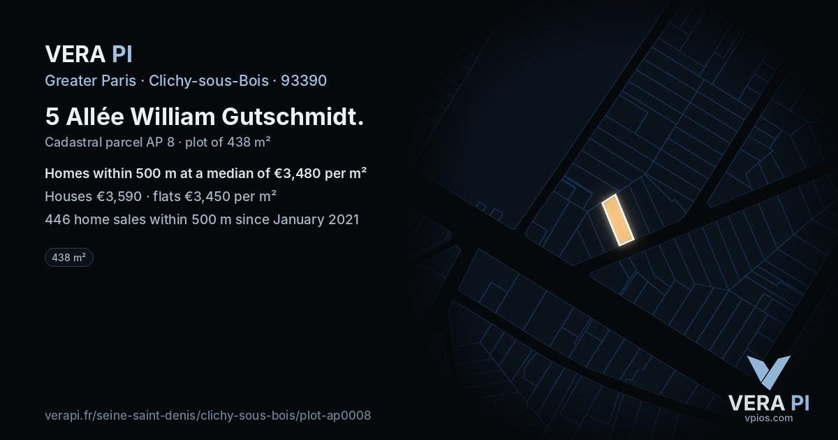 5 Allée William Gutschmidt, Clichy-sous-Bois at night – the plot lit, the parcels around coloured by the prices near them