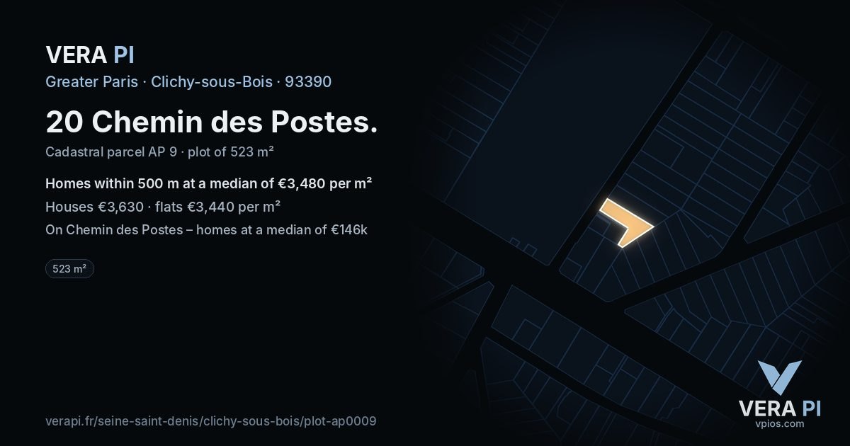 20 Chemin des Postes, Clichy-sous-Bois at night – the plot lit, the parcels around coloured by the prices near them