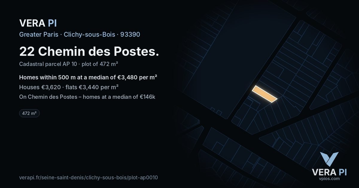 22 Chemin des Postes, Clichy-sous-Bois at night – the plot lit, the parcels around coloured by the prices near them