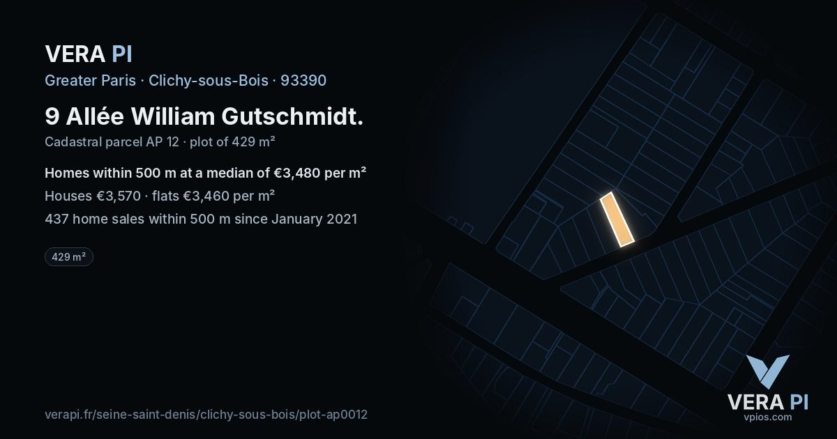 9 Allée William Gutschmidt, Clichy-sous-Bois at night – the plot lit, the parcels around coloured by the prices near them
