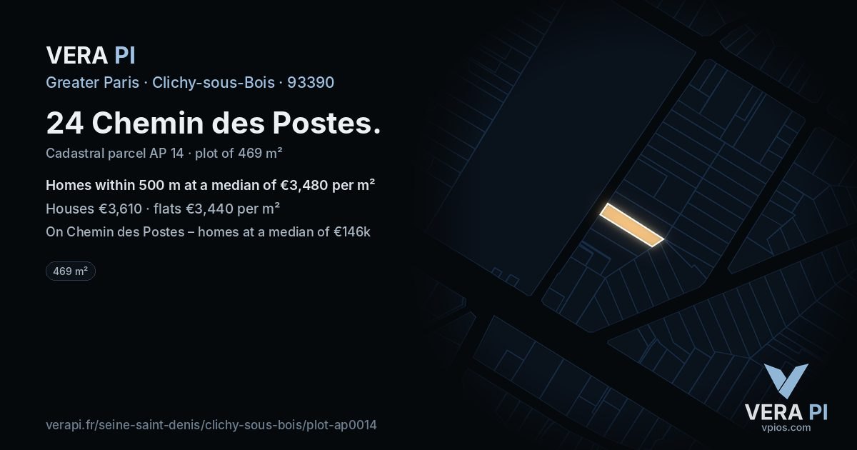 24 Chemin des Postes, Clichy-sous-Bois at night – the plot lit, the parcels around coloured by the prices near them