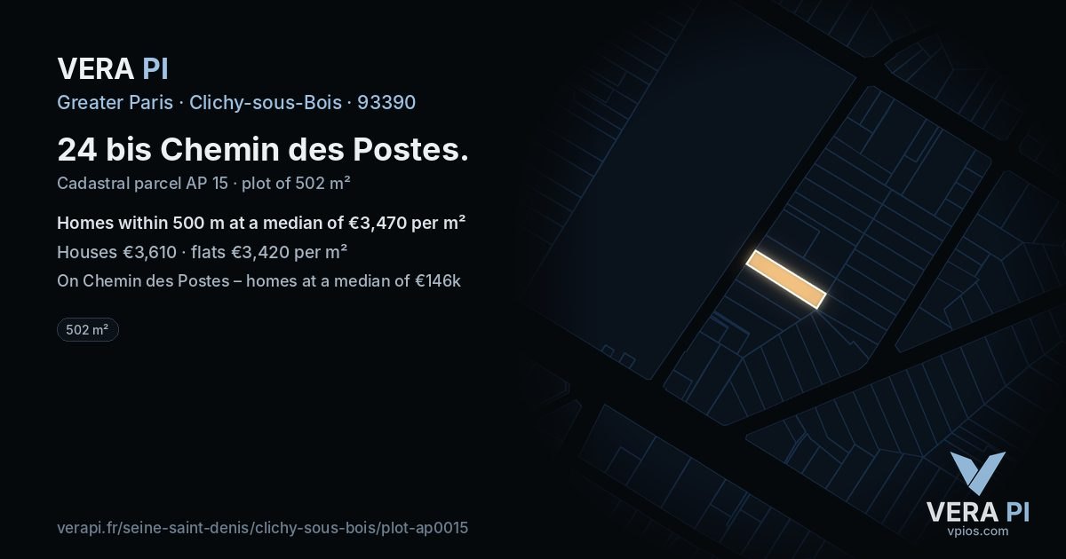 24 bis Chemin des Postes, Clichy-sous-Bois at night – the plot lit, the parcels around coloured by the prices near them