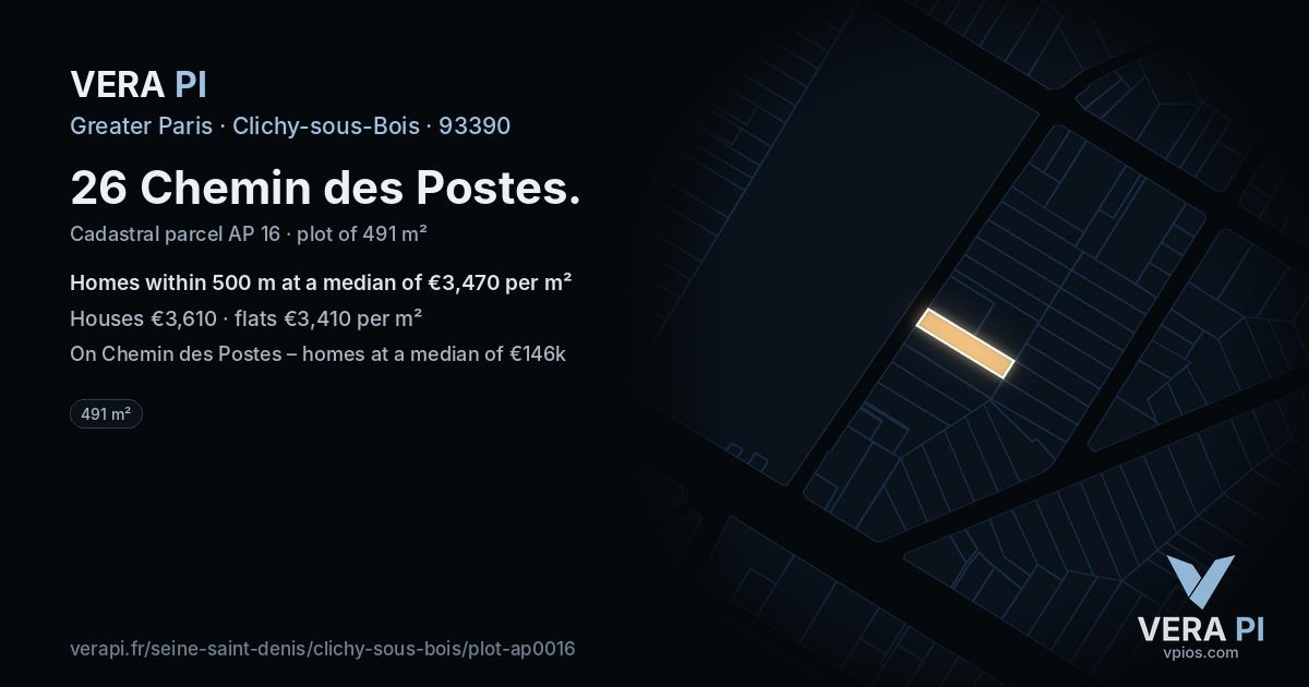 26 Chemin des Postes, Clichy-sous-Bois at night – the plot lit, the parcels around coloured by the prices near them