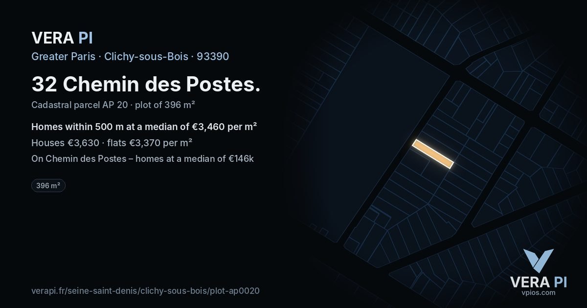 32 Chemin des Postes, Clichy-sous-Bois at night – the plot lit, the parcels around coloured by the prices near them