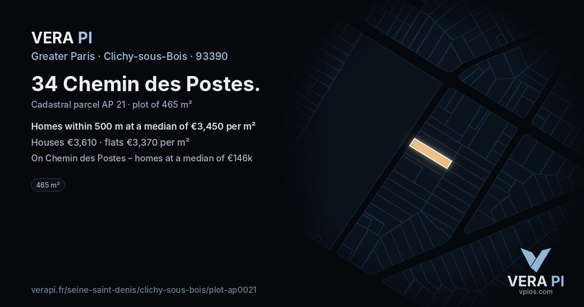 34 Chemin des Postes, Clichy-sous-Bois at night – the plot lit, the parcels around coloured by the prices near them