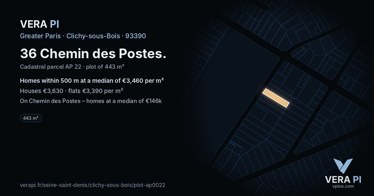 36 Chemin des Postes, Clichy-sous-Bois at night – the plot lit, the parcels around coloured by the prices near them