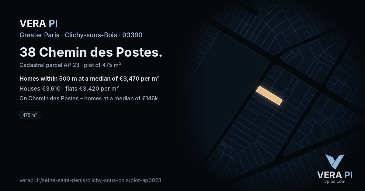38 Chemin des Postes, Clichy-sous-Bois at night – the plot lit, the parcels around coloured by the prices near them