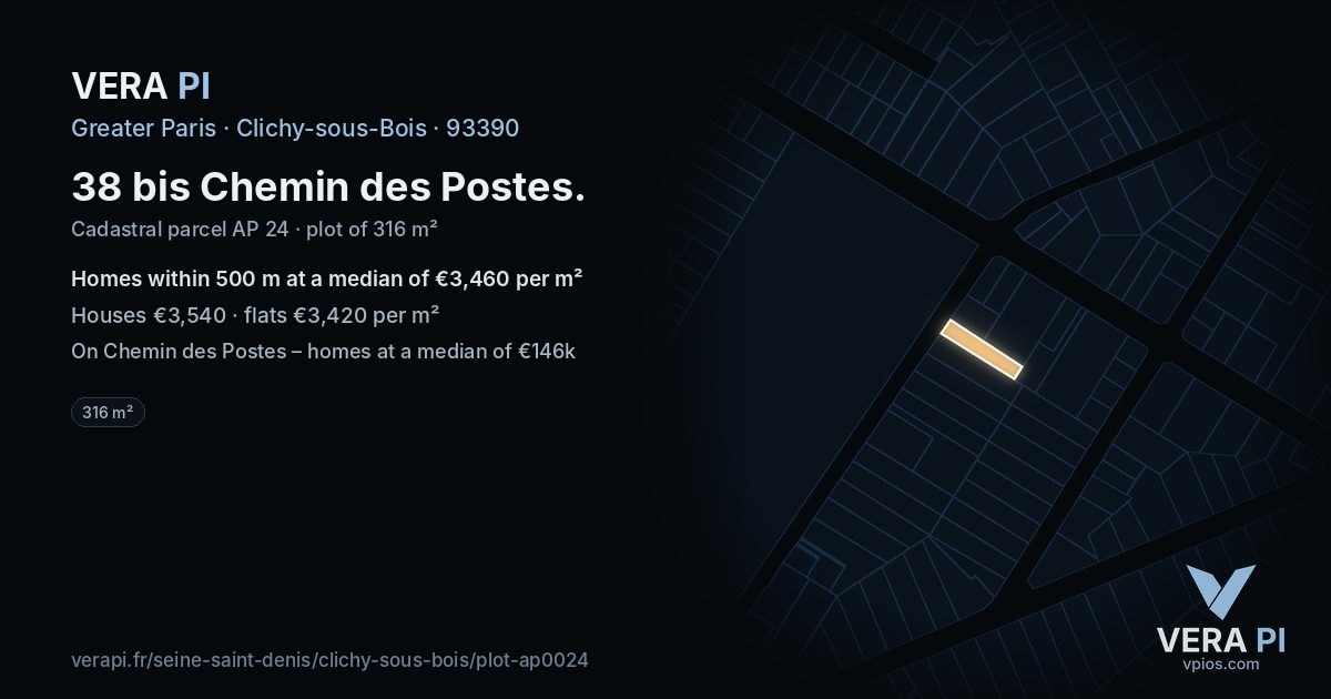 38 bis Chemin des Postes, Clichy-sous-Bois at night – the plot lit, the parcels around coloured by the prices near them