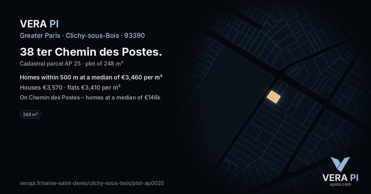 38 ter Chemin des Postes, Clichy-sous-Bois at night – the plot lit, the parcels around coloured by the prices near them