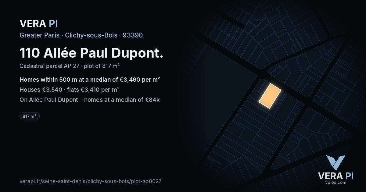110 Allée Paul Dupont, Clichy-sous-Bois at night – the plot lit, the parcels around coloured by the prices near them