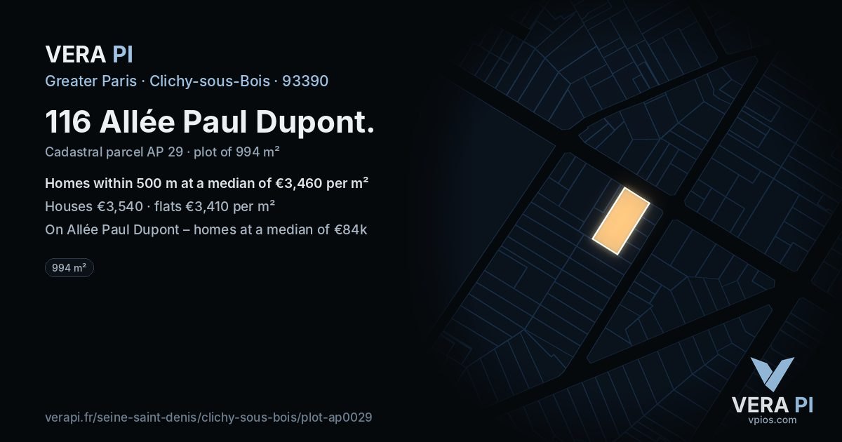 116 Allée Paul Dupont, Clichy-sous-Bois at night – the plot lit, the parcels around coloured by the prices near them