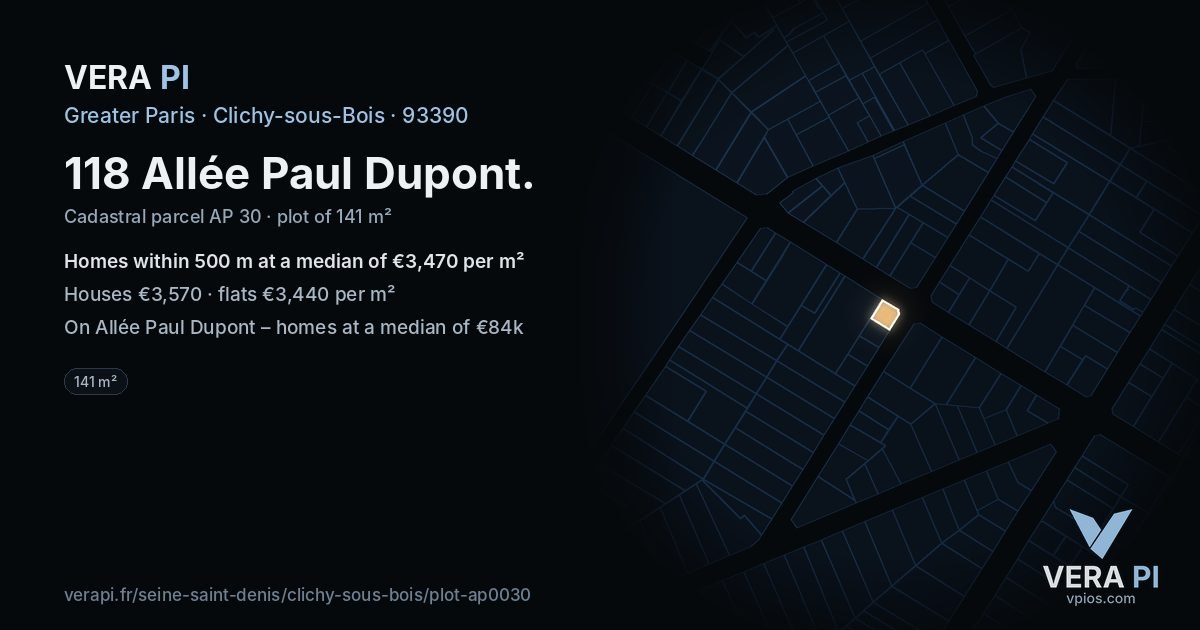 118 Allée Paul Dupont, Clichy-sous-Bois at night – the plot lit, the parcels around coloured by the prices near them