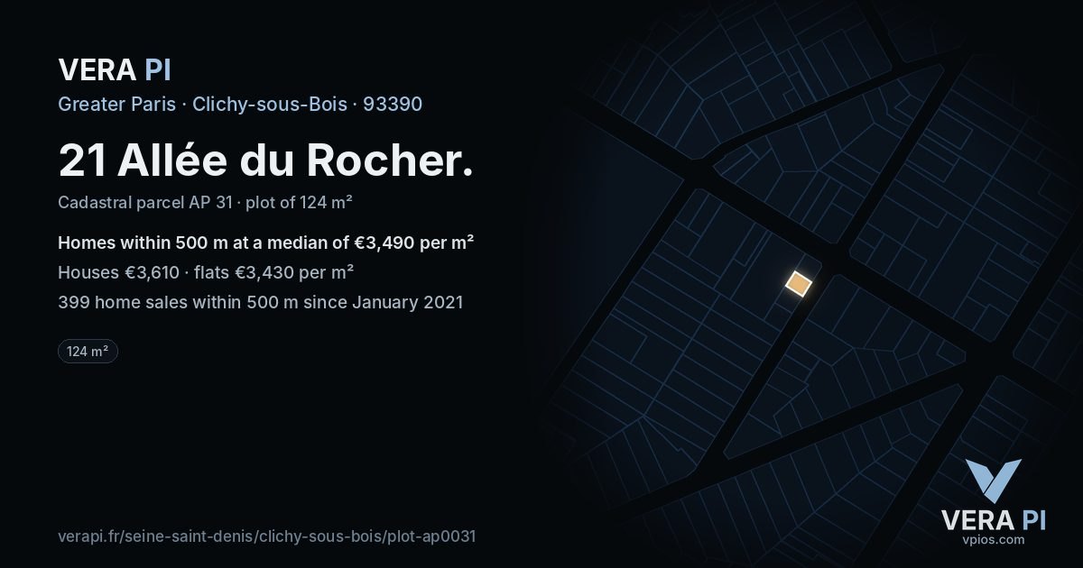 21 Allée du Rocher, Clichy-sous-Bois at night – the plot lit, the parcels around coloured by the prices near them