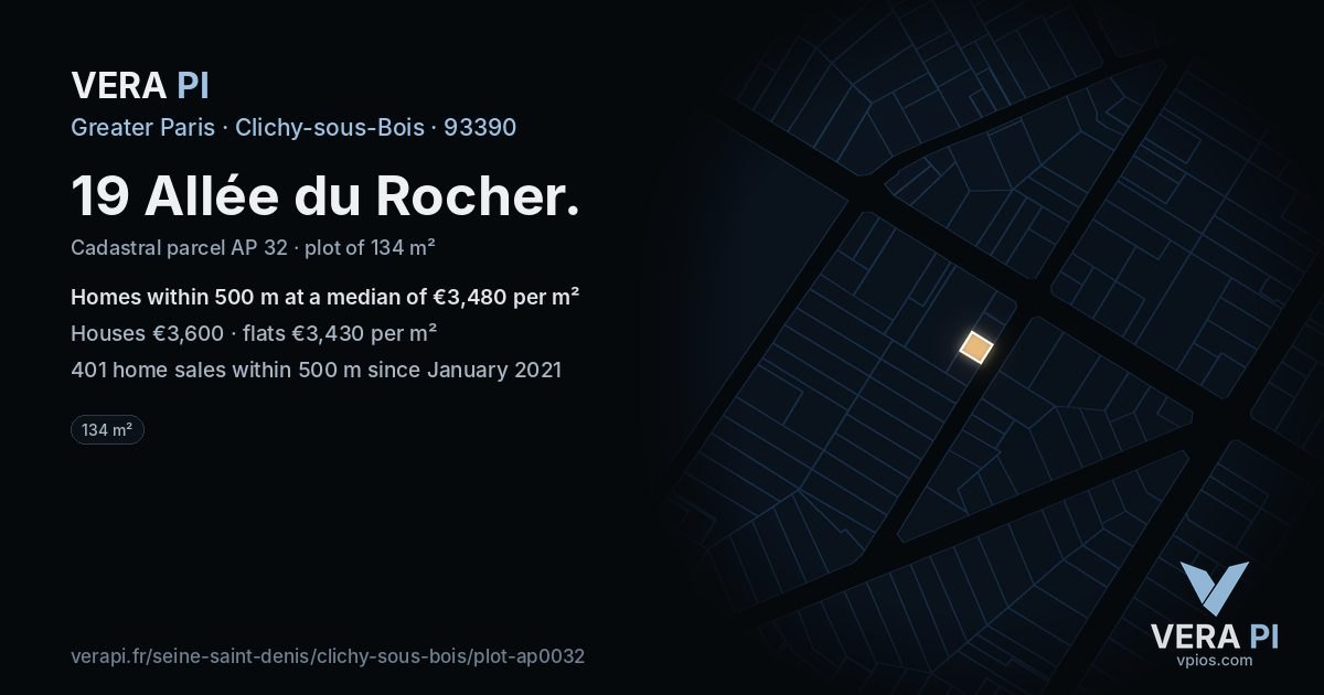 19 Allée du Rocher, Clichy-sous-Bois at night – the plot lit, the parcels around coloured by the prices near them