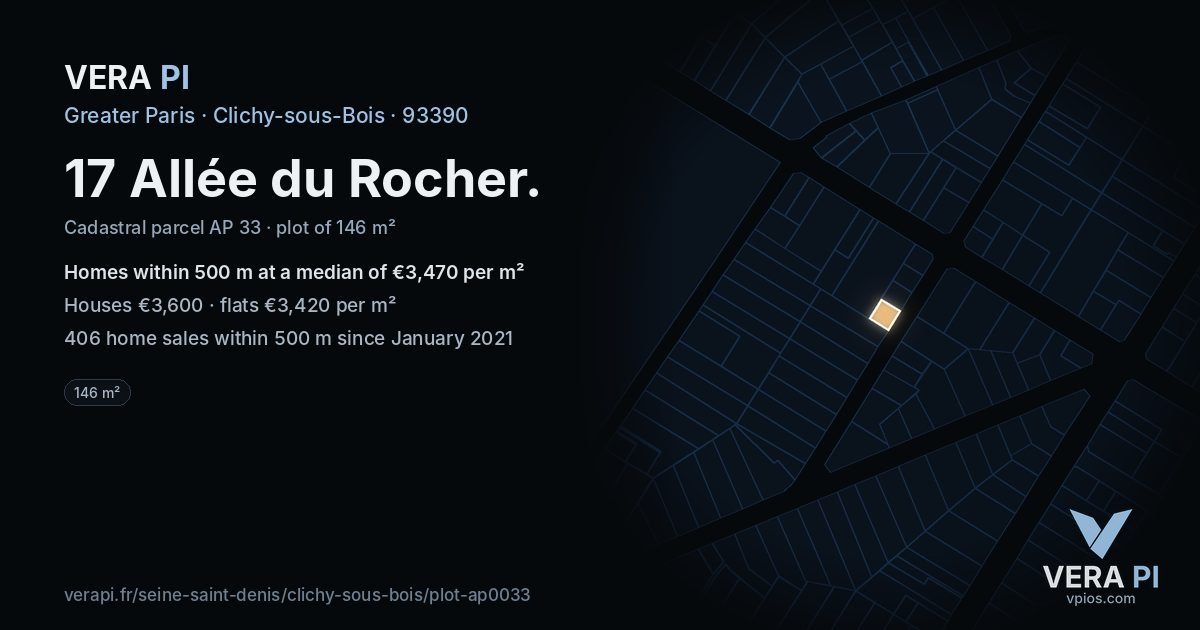 17 Allée du Rocher, Clichy-sous-Bois at night – the plot lit, the parcels around coloured by the prices near them