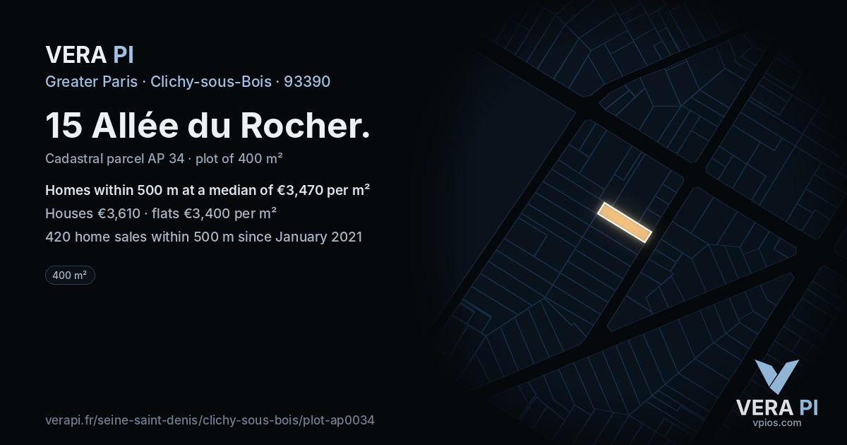 15 Allée du Rocher, Clichy-sous-Bois at night – the plot lit, the parcels around coloured by the prices near them