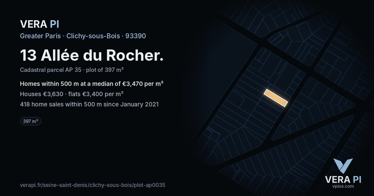 13 Allée du Rocher, Clichy-sous-Bois at night – the plot lit, the parcels around coloured by the prices near them