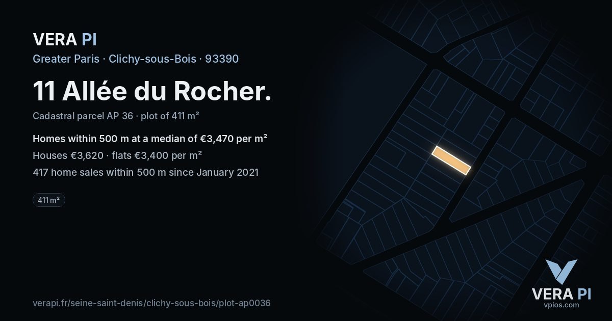 11 Allée du Rocher, Clichy-sous-Bois at night – the plot lit, the parcels around coloured by the prices near them