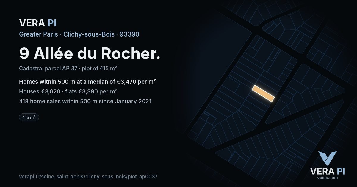 9 Allée du Rocher, Clichy-sous-Bois at night – the plot lit, the parcels around coloured by the prices near them