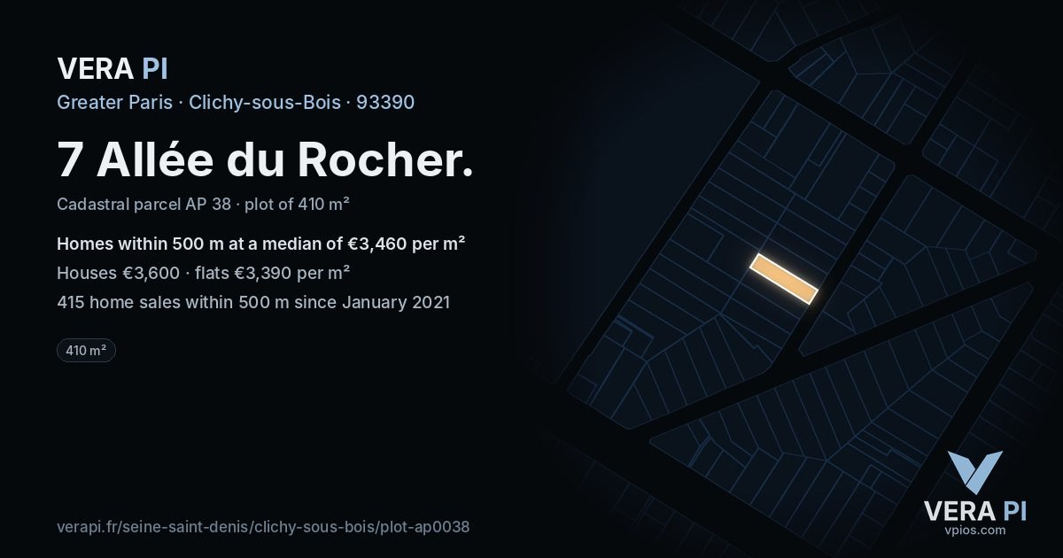 7 Allée du Rocher, Clichy-sous-Bois at night – the plot lit, the parcels around coloured by the prices near them