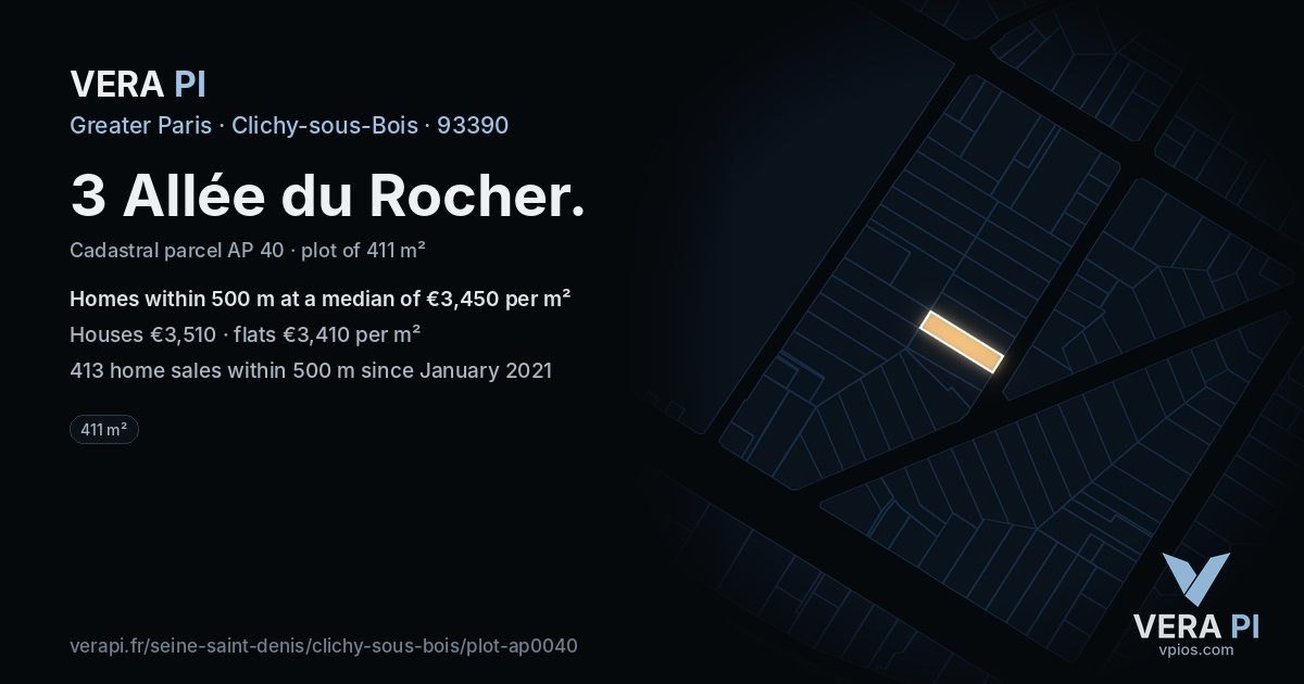 3 Allée du Rocher, Clichy-sous-Bois at night – the plot lit, the parcels around coloured by the prices near them