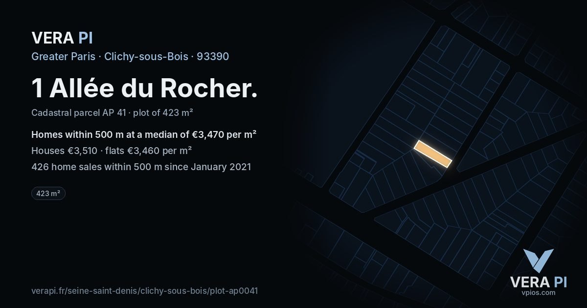 1 Allée du Rocher, Clichy-sous-Bois at night – the plot lit, the parcels around coloured by the prices near them