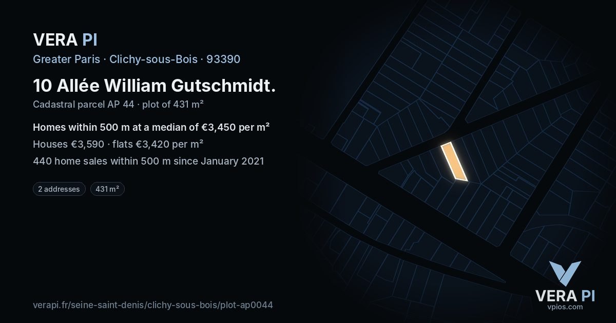 10 Allée William Gutschmidt, Clichy-sous-Bois at night – the plot lit, the parcels around coloured by the prices near them