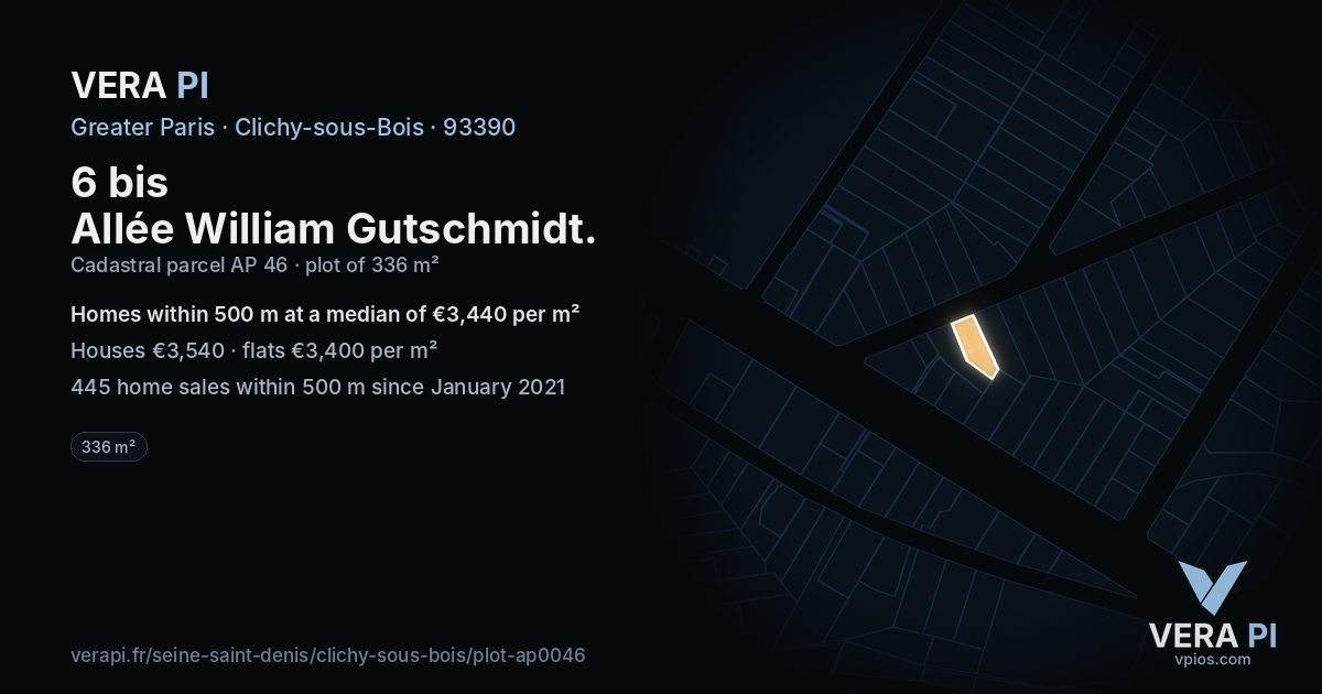 6 bis Allée William Gutschmidt, Clichy-sous-Bois at night – the plot lit, the parcels around coloured by the prices near them