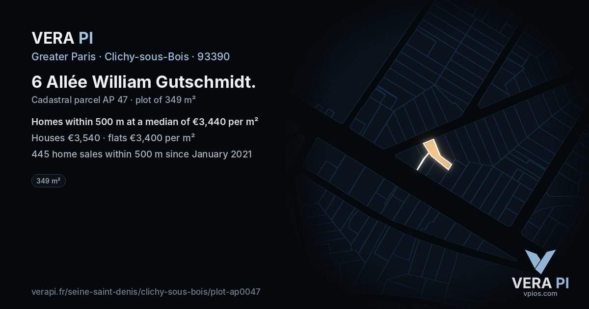 6 Allée William Gutschmidt, Clichy-sous-Bois at night – the plot lit, the parcels around coloured by the prices near them
