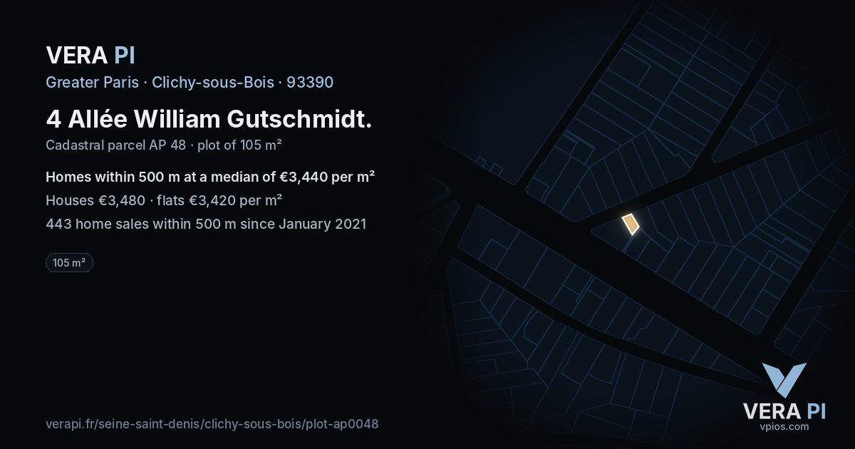 4 Allée William Gutschmidt, Clichy-sous-Bois at night – the plot lit, the parcels around coloured by the prices near them