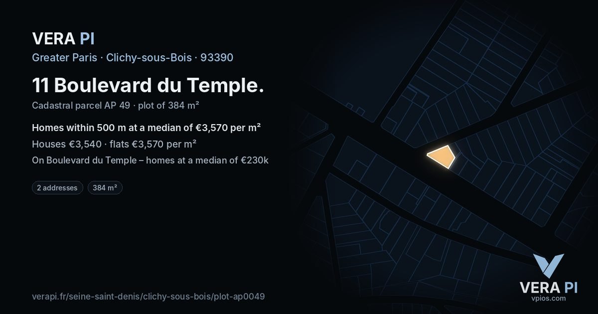11 Boulevard du Temple, Clichy-sous-Bois at night – the plot lit, the parcels around coloured by the prices near them