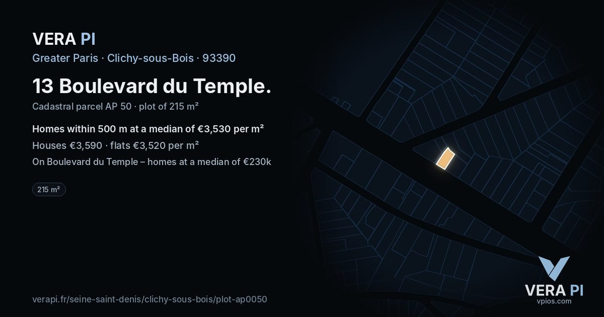 13 Boulevard du Temple, Clichy-sous-Bois at night – the plot lit, the parcels around coloured by the prices near them