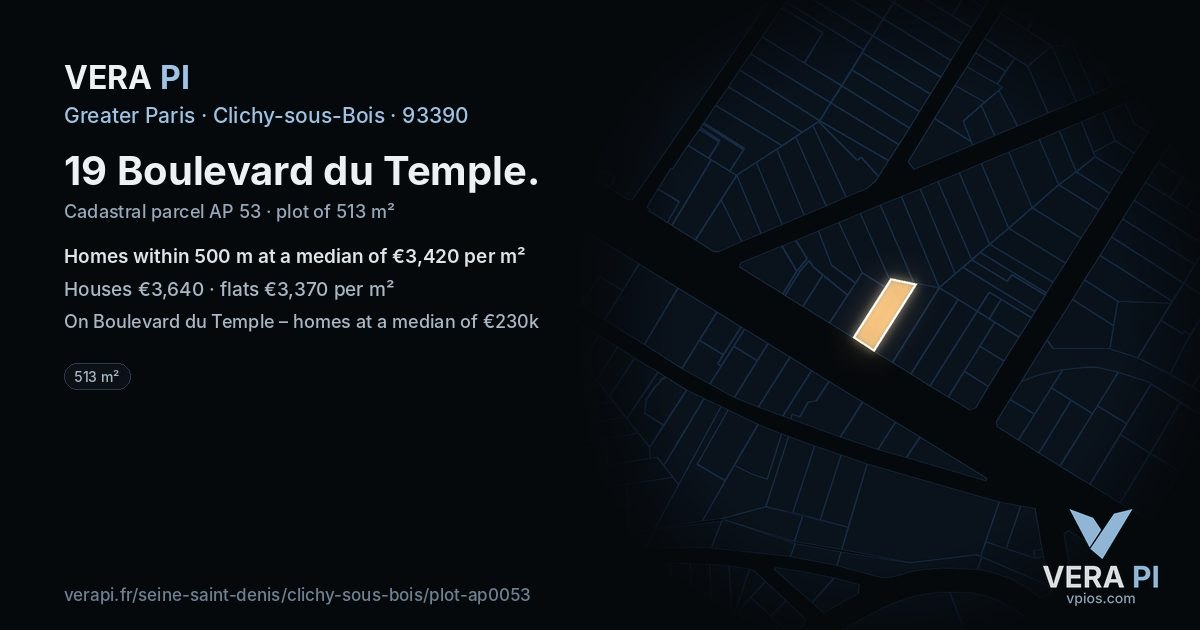19 Boulevard du Temple, Clichy-sous-Bois at night – the plot lit, the parcels around coloured by the prices near them