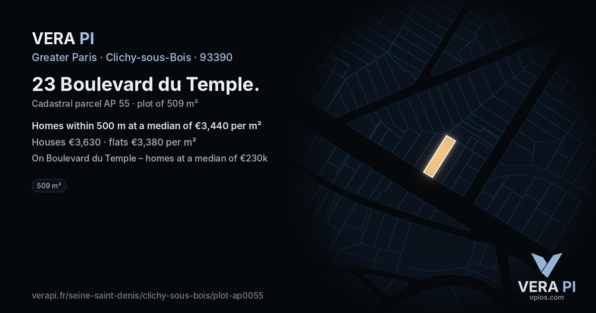 23 Boulevard du Temple, Clichy-sous-Bois at night – the plot lit, the parcels around coloured by the prices near them