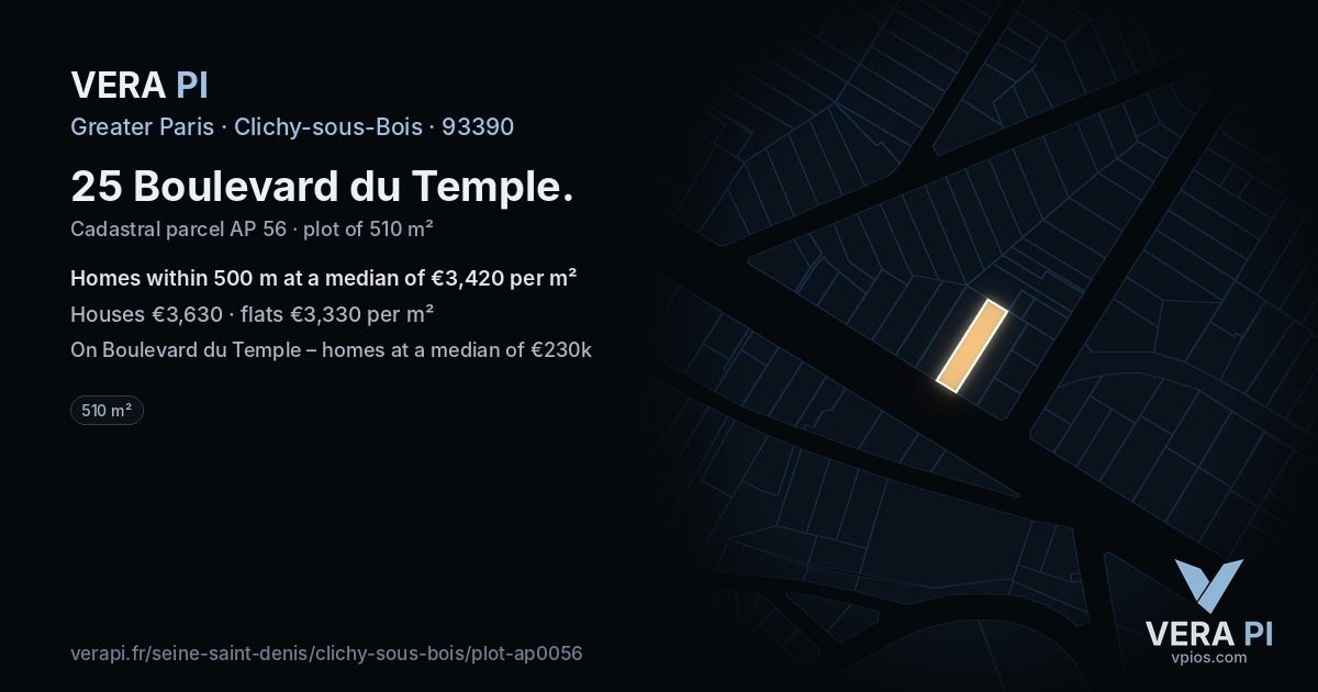 25 Boulevard du Temple, Clichy-sous-Bois at night – the plot lit, the parcels around coloured by the prices near them