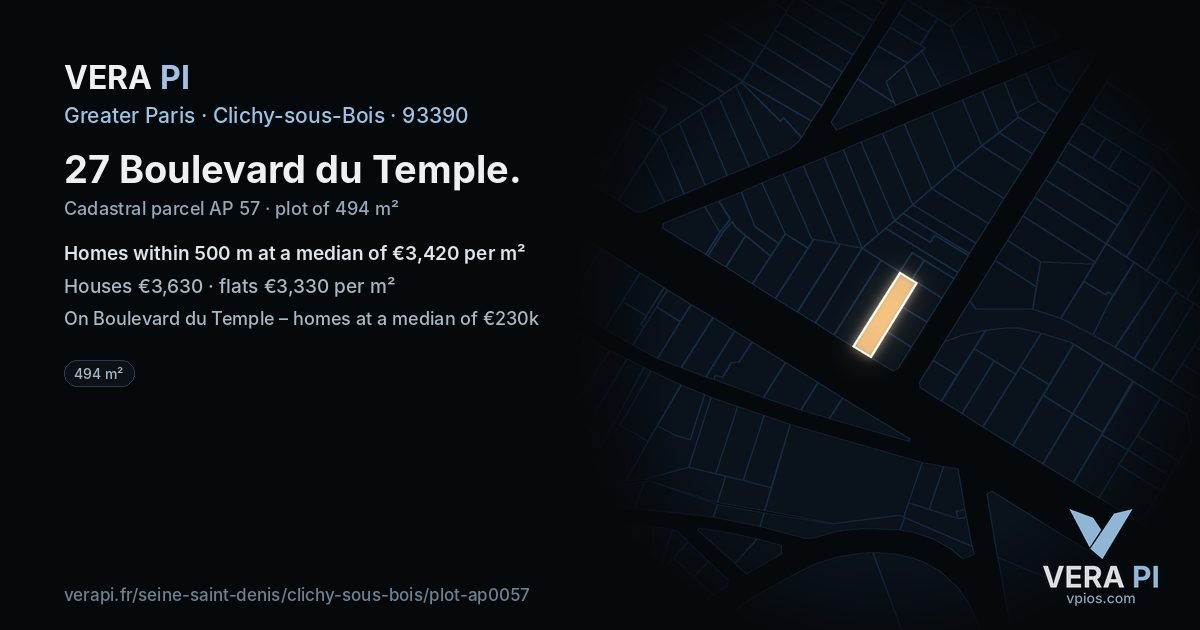 27 Boulevard du Temple, Clichy-sous-Bois at night – the plot lit, the parcels around coloured by the prices near them