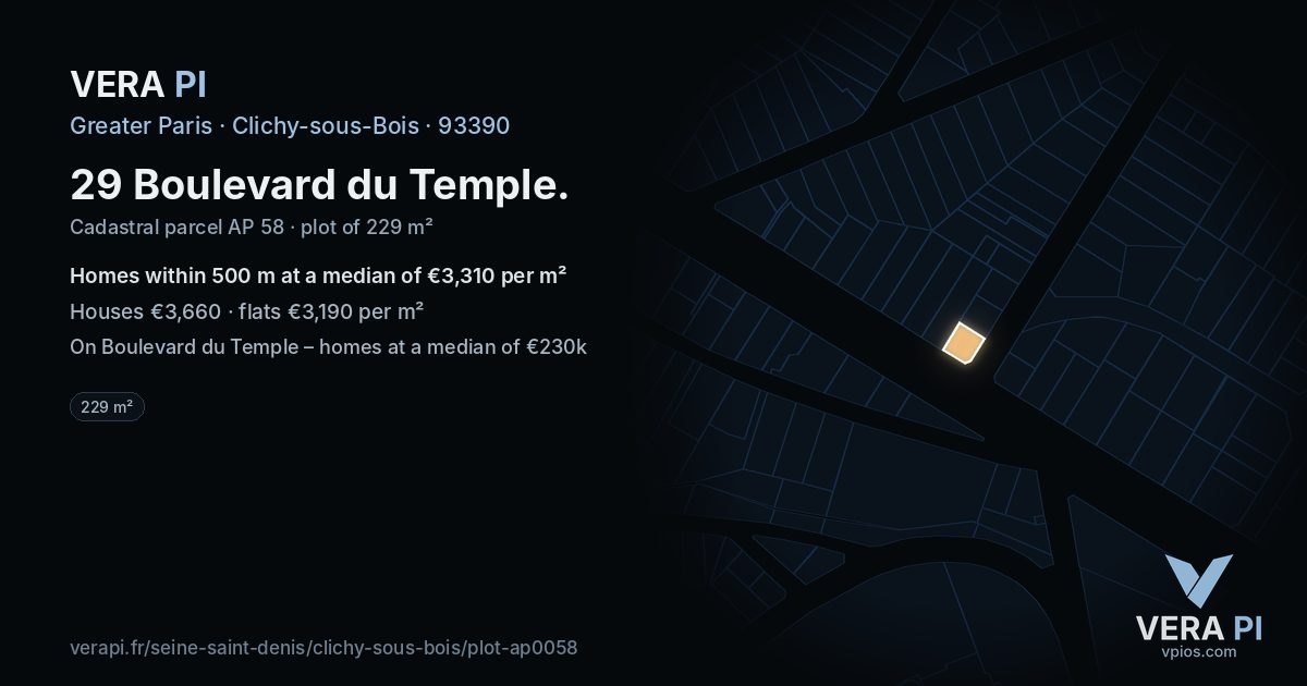 29 Boulevard du Temple, Clichy-sous-Bois at night – the plot lit, the parcels around coloured by the prices near them