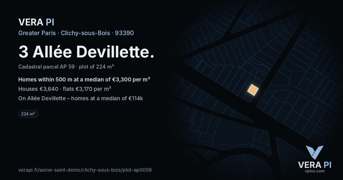 3 Allée Devillette, Clichy-sous-Bois at night – the plot lit, the parcels around coloured by the prices near them